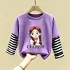 Nova Camiseta de Algodão Puro Patchwork com Gola Redonda e Manga Longa para Crianças, Estilo Fino, Primavera e Outono 2026, Meninas, Desenho Animado, Top Versátil