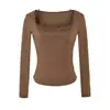 Camisa de Manga Larga Falsa de Dos Piezas con Cuello Cuadrado y Patchwork de Encaje Color Café para Mujer 2026 Nuevo Llegada de Otoño Diseño Americano Top Picante para Chica
