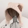 Chapéu de tricô de aba larga com orelhas de urso de pelúcia e pompom, de alta qualidade, para mulheres, outono e inverno, quente e versátil, proteção para as orelhas