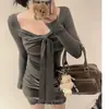 Camiseta de Manga Larga con Lazo para Mujer, Petite, Estilo Puro Lustre Otoño e Invierno, Diseño de Aspecto Adelgazante en la Cintura, Top Único para Usar Debajo