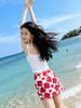 Traje de Baño Sexy con Abertura Estilo Resort Costero para Mujer Verano Blanco Tirantes Top Tubo Cintura Alta Cadera Falda Corta Traje de Baño de Tres Piezas