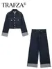 Conjunto de Jaqueta Jeans Retrô Feminina Trafza Jaqueta de Lapela de Botão Único Manga Longa Jeans de Cintura Alta Wide-Leg