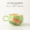 Caneca de Cerâmica Pintada à Mão Estampa Lótus de Verão e Begônia, Caneca de Água, Conjunto de Xícara e Pires para Chá da Tarde em Casa/Escritório