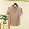 Camiseta de manga corta de modal para mujer, estilo coreano, corte holgado, cuello redondo, fina, patchwork asimétrico, top deportivo casual