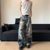 Jeans Feminino Ac3D Impressão Digital Desgastado Grafite Vintage Solto de Perna Larga Casual Versátil
