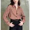 Elegante top de camisa listrado vermelho retrô para mulheres, com gola de lapela, corte solto e casual, efeito emagrecedor, mangas compridas, camisa versátil