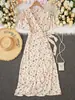 Moda Femenina Europea y Americana Transfronteriza Amazon Verano 2025 Nuevo Estilo Francés Vestido Sexy con Estampado Floral Pequeño y Lazo en la Cintura Manga Corta