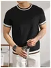Nuevo Estilo de Verano Tejido de Manga Corta para Hombre, Rayas Bloque de Color Seda de Hielo Transpirable Ajustado Estilo Coreano de Negocios Comercio Exterior Transfronterizo Venta al por Mayor