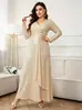 607W-0 Transfronterizo Europeo y Americano Tallas Grandes Nueva Moda Temperamento Elegante Color Sólido Lentejuelas Manga Larga Cuello en V Adelgazante Vestido de Banquete