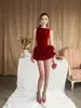 Chal sin Mangas Asimétrico de Alta Gama con Volantes 25 Diseños de Nicho Vietnamita Vestido de Terciopelo Abullonado para Mujer