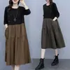 Vestido com Bloqueio de Cores, Bolso com Botão, Gola Redonda, Feminino, Primavera, Outono, Tamanho Grande, Gorduchinha MM, Roupas para Mãe, Rejuvenescedor, Estiloso, Solto, Comprimento Médio, Saia