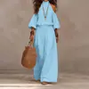 Roupas femininas transfronteiriças europeias e americanas de 2026: conjunto de top estilo férias com gola halter ombro a ombro e mangas bufantes com calça de cintura alta e perna larga