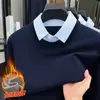 Chegada Nova de Outono Tricô para Meia-Idade Masculino Falso Duas Peças Gola Lisa Roupa Íntima Suéter Suéter Espesso com Veludo Gola Camisa