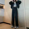 Calça Jeans Wide Leg com Forro de Fleece Outono e Inverno para Mulheres, Calça Versátil de Caimento Fluido até o Chão, Cintura Alta, Corte Reto, Modelagem Solta que Emagrece, Tamanhos Grandes, Primavera e Outono