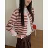 Nuevo cárdigan de punto retro con rayas pequeñas para otoño e invierno para mujer, suéter con bloques de color y cuello redondo para mujer, top de manga larga