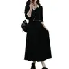 Vestido Elegante Negro de Manga Larga Estilo Francés Otoño Primavera Tallas Grandes para Chicas Gorditas Cintura Ceñida Adelgazante Falda Larga Estilo Hepburn Moda para Mujer
