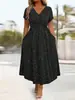 Vestido de verão novo 2026, brilhante, fashion, gola V, manga curta, acinturado, slim-fit, para mulheres, da Amazon, transfronteiriço, europeu e americano