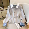 Cárdigan de punto de dos piezas estilo retro universitario con retazos y cuello de camisa para mujer, adelgazante, casual, versátil, top de moda