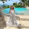 Conjunto de Top Tubinho Branco Puro Floral Estilo Francês para Mulheres, Vestido para Sessão de Fotos de Férias na Praia, Vestido Longo de Viagem para Sanya