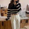 Suéter de mujer con solapa en contraste a rayas y media cremallera, nuevo jersey holgado de otoño e invierno para exteriores.