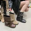 Botas Cortas de Pierna Recta con Tacón Grueso Efecto Mancha Marrón Retro Temporada de Primer Encuentro, Botines para Mujer, Botas Vaqueras de Gamuza Color Caqui para Principios de Otoño