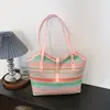 2026 Nuevo Bolso de Hombro Grande Tejido Arcoíris para Mujer Bolso de Paja Versátil para el Trabajo Bolso Tote de Moda para Salir Tendencia
