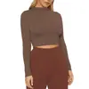 Ropa de Mujer Exportación Europea y Americana Otoño 2024 Color Sólido Ajustada que Muestra el Abdomen Manga Larga Cuello Semialto Camiseta Base Sexy Chica Caliente