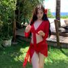 Bikini Sexy Rojo Blanco de Cuatro Piezas Dividido Traje de Baño para Mujer de Manga Larga que Cubre la Piel Vacaciones con Flor en la Cabeza