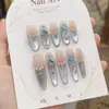 Uñas Wearables Exquisitas Ocean Star Diamond Hechas Puramente a Mano con un Estilo Fresco y Elegante, Calcomanías para Uñas Flor de Diamante Azul Degradado Plateado