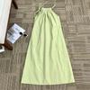 Vestido de Verano Holgado con Cuello Halter y Lazos para Mujer, Estilo Veraniego en Verde Fruta, Corte Amplio, Favorecedor y Adelgazante, Vestido Largo Tipo Té