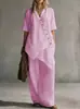 2026 Moda Casual Feminina Transfronteiriça Europeia e Americana Cor Sólida Gola V Solto Manga Curta Top Cardigã Calça Longa Conjunto de Duas Peças