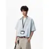 Camisa a Rayas Falsa de Dos Piezas con Medio Botón de Seda Artificial para Hombre, Estilo Japonés Perezoso de Gama Alta, Moderna Casual de Manga Corta para Verano
