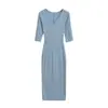 Vestido Bodycon Sexy Alto de Cuello en V para Mujer Estilo Puro Deseo Vestido Largo Chica Caliente Kardashian Manga Larga Vestido Base Cepillado