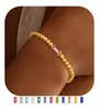 Pulsera de Regalo de Cumpleaños para Mujer, Cuentas Redondas Doradas, Pulsera de Cuerda Elástica con Circonitas de Colores, Pulsera de Cuentas Doradas con Piedra de Nacimiento