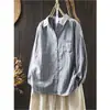 Camisa de Manga Larga con Rayas Verticales de Hilo de Algodón de Doble Capa para Mujer, Holgada y Adelgazante, Nueva Artística Casual Versátil de Primavera y Otoño, Top con Cuello de Solapa