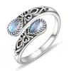 Anillo de Moda Estilo Retro Europeo para Mujer, Diseño Abierto Ajustable con Gota de Agua Imitación Piedra Lunar, Joyería Popular de Estilo Étnico