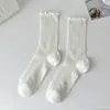 Calcetines de Algodón Puro Estilo Ballet Miu para Mujer, Calcetines Finos de Media Pantorrilla para Primavera y Verano con Bordes Fruncidos, Combinados con Calcetines Slouch Mary Jane para Mujer