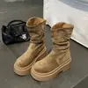 Botas Retro de Suela Gruesa para Aumentar la Altura de Chicas Bajitas Mujer 2026 Nuevo Otoño Versátiles con Faldas Botines Fruncidos Adelgazantes