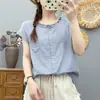 Camisa de Gasa de Algodón de Doble Capa de Manga Corta para Mujer en Verano, Suave y Amigable con la Piel, Estilo Artístico, Cuello de Encaje, Top con Mangas Volantes