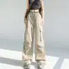 Calça Cargo Streetwear de Cintura Alta Cor Dopamina Nova Verão 2025 para Mulheres, Calça Casual Paratrooper Solta com Cordão, Comprimento no Chão