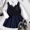 Comercio Exterior Europeo y Americano 2025 Nuevo Deportivo Estilo Británico de Moda Letra Falda Plisada Traje de Tres Piezas Estilo Dama Falda Corta