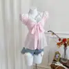Camiseta Camisa Boneca Feminina Y2K com Manga Bufante e Ajuste na Cintura, Estilo Europeu e Americano, Verão Doce Menina Gola Alta Ombro a Ombro Emagrecedor Laço Rosa