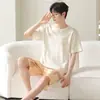 Pijama de Pareja Verano Hombres Algodón Puro Rayas Manga Corta Pantalones Cortos Agradable a la Piel Casual Talla Grande Hombres Delgado Conjunto de Ropa para el Hogar