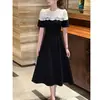 Vestido largo de línea A con bloques de color y empalme de encaje de temperamento francés, lujo ligero, alta gama, para mujer en verano, ajustado a la cintura, que oculta el vientre