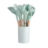 Balde de Armazenamento Popular Branco Cáqui com Alça de Madeira Conjunto de Utensílios de Cozinha de Silicone com 12 Peças Conjunto de Utensílios de Cozinha Conjunto de Cozinha