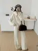 Nuevo Estilo Otoño/Invierno 2026 Conjunto Casual de Dos Piezas de Punto para Mujer con Cárdigan con Capucha y Cremallera con Cuello de Piel + Pantalones de Pierna Ancha de Cintura Alta