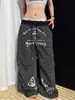 Pantalones de Verano con Estampado de Letras Retro Americano, Rayas, Plisados, Forma de Cimitarra, Cordón, Holgados, Pierna Ancha, Casual