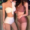 Biquíni Simples Coreano Sexy Ombro Inclinado Push-Up para Seios Pequenos Cintura Alta Uma Alça Cor Sólida Controle de Barriga Emagrecedor Conjunto de Duas Peças para Mulheres