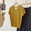 Blusa de Tricô Fina Gelo Seda com Recortes Tendência e Estilosa para Mulheres, Novo Estilo de Verão, Gola Redonda, Manga Curta, Camiseta Cinza