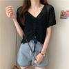 Tejido de Punto Corto con Cordón y Cuello en V Estilo Coreano 2025 Nuevo Estilo de Verano Camisas de Manga Corta Discretas para Mujer